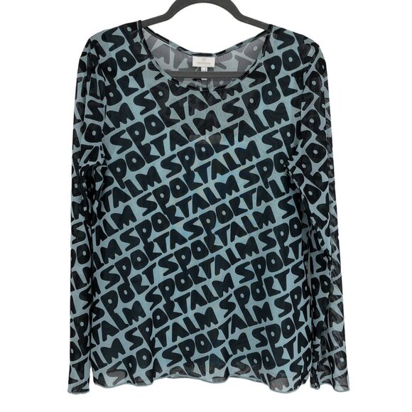 NWT Sportalm Blue Black Mesh Repeating Logo Long  Sleeve Sheer top size 10 - Picture 1 of 15